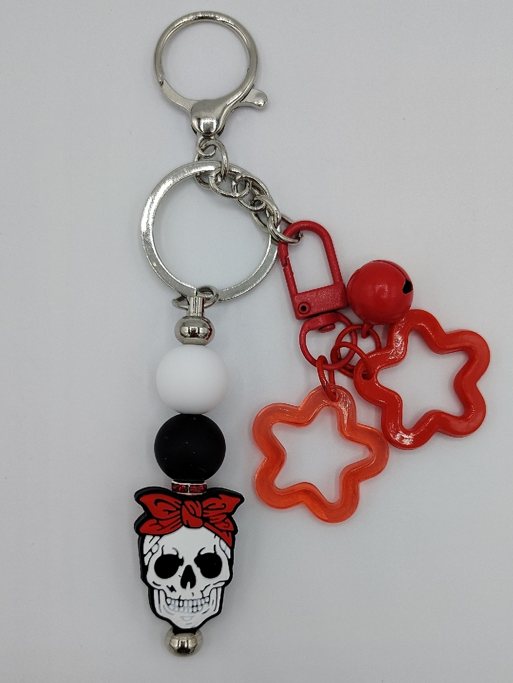 Handcrafted Pin-up Skull & Star Charm Keychain - Red, Black, White